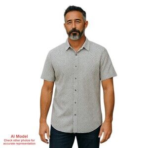 Simons Le31 Mens Large S/S Shirt Cotton Button Up Gray Black/White Patterned